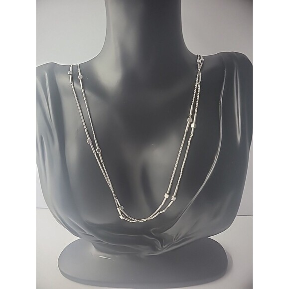 Vintage Necklace Silver Tone Double Strand Chain Bead Bar Jewelry Costume - Picture 4 of 12